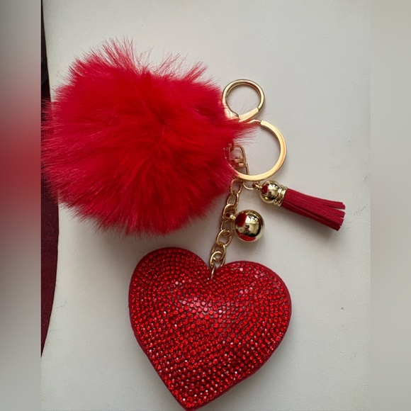 Accessories - New Red Rhinestone Heart Keychain with Pom Pom